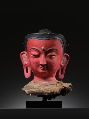 Lot 33 - A LARGE AND EXCEPTIONAL PROCESSIONAL HEAD OF DIPANKARA BUDDHA, SAMYAK DAN, NEPAL, CIRCA 16TH-18TH CENTURY