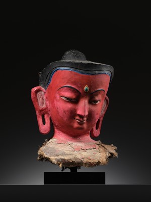 Lot 33 - A LARGE AND EXCEPTIONAL PROCESSIONAL HEAD OF DIPANKARA BUDDHA, SAMYAK DAN, NEPAL, CIRCA 16TH-18TH CENTURY