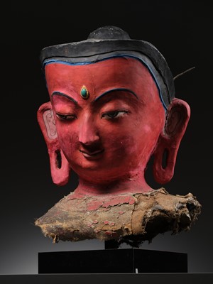 Lot 33 - A LARGE AND EXCEPTIONAL PROCESSIONAL HEAD OF DIPANKARA BUDDHA, SAMYAK DAN, NEPAL, CIRCA 16TH-18TH CENTURY