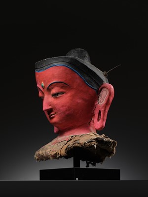 Lot 33 - A LARGE AND EXCEPTIONAL PROCESSIONAL HEAD OF DIPANKARA BUDDHA, SAMYAK DAN, NEPAL, CIRCA 16TH-18TH CENTURY