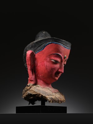 Lot 33 - A LARGE AND EXCEPTIONAL PROCESSIONAL HEAD OF DIPANKARA BUDDHA, SAMYAK DAN, NEPAL, CIRCA 16TH-18TH CENTURY