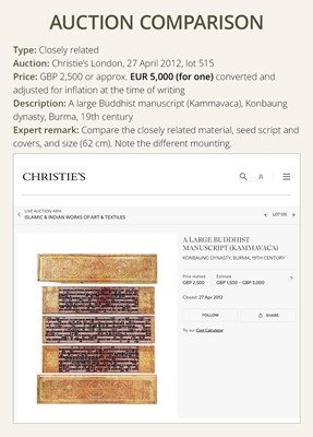 Lot 18 - TWO LARGE GILT AND RED-LACQUERED PALM LEAF AND WOOD KAMMAVACA BOOKS, KONBAUNG DYNASTY