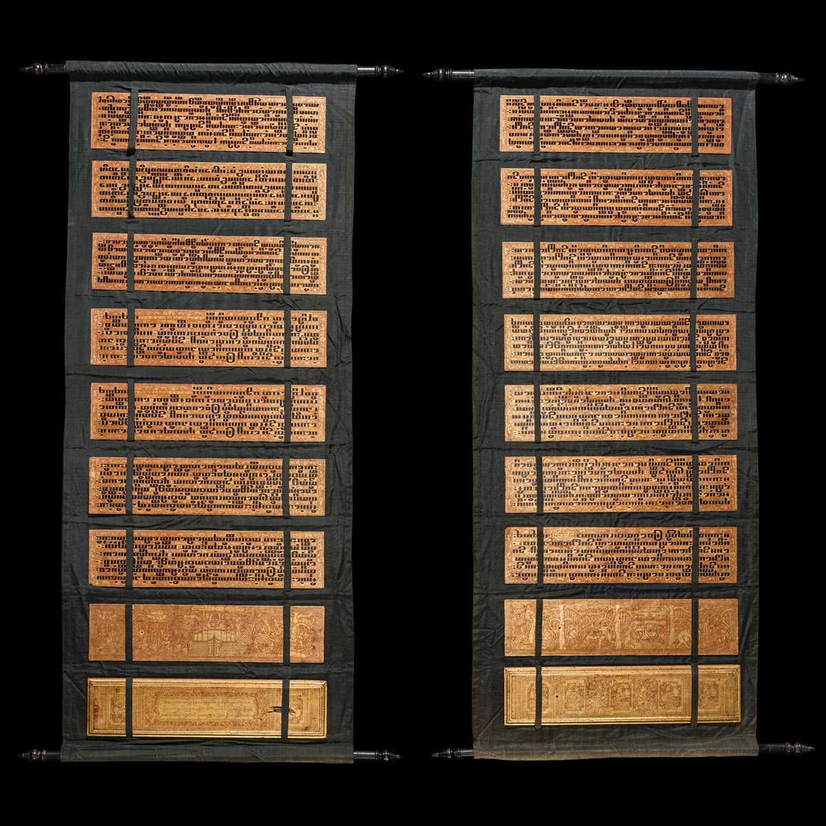 Lot 18 - TWO LARGE GILT AND RED-LACQUERED PALM LEAF AND WOOD KAMMAVACA BOOKS, KONBAUNG DYNASTY