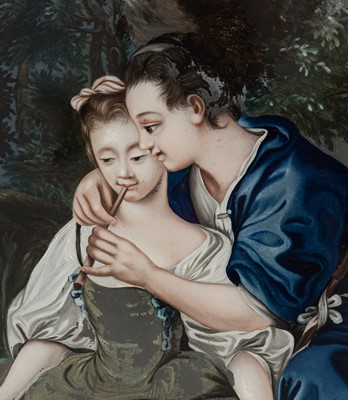 Lot 408 - A REVERSE GLASS PAINTING OF ‘THE ENJOYABLE LESSON’ AFTER FRANÇOIS BOUCHER, LATE 18TH CENTURY