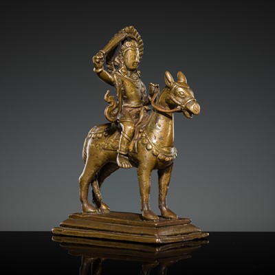 Lot 224 - A COPPER-INLAID BRONZE FIGURE OF KALKI ON HORSEBACK, NEPAL, 17TH-18TH CENTURY