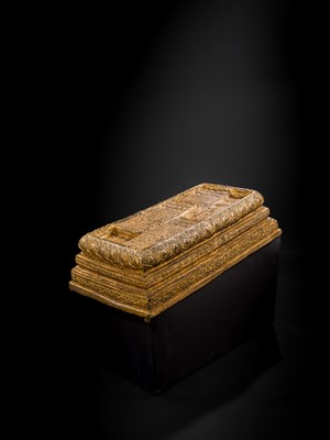 Lot 62 - A GILT-LACQUER BRONZE SCULPTURE OF THE WALKING BUDDHA’S FOOTPRINTS, BUDDHAPADA, RATTANAKOSIN PERIOD