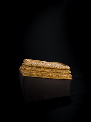 Lot 62 - A GILT-LACQUER BRONZE SCULPTURE OF THE WALKING BUDDHA’S FOOTPRINTS, BUDDHAPADA, RATTANAKOSIN PERIOD