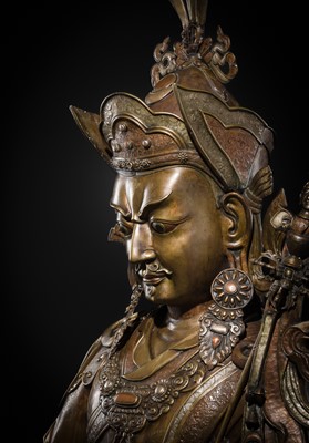 Lot 96 - A HIGHLY IMPORTANT AND MONUMENTAL (167 CM) INLAID BRONZE FIGURE OF GURU RINPOCHE, PADMASAMBHAVA, BHUTAN, 19TH OR VERY EARLY 20TH CENTURY