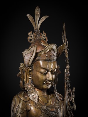 Lot 96 - A HIGHLY IMPORTANT AND MONUMENTAL (167 CM) INLAID BRONZE FIGURE OF GURU RINPOCHE, PADMASAMBHAVA, BHUTAN, 19TH OR VERY EARLY 20TH CENTURY