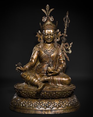 Lot 96 - A HIGHLY IMPORTANT AND MONUMENTAL (167 CM) INLAID BRONZE FIGURE OF GURU RINPOCHE, PADMASAMBHAVA, BHUTAN, 19TH OR VERY EARLY 20TH CENTURY