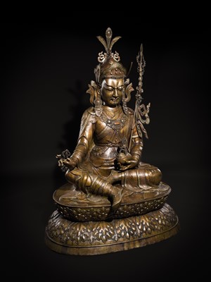 Lot 96 - A HIGHLY IMPORTANT AND MONUMENTAL (167 CM) INLAID BRONZE FIGURE OF GURU RINPOCHE, PADMASAMBHAVA, BHUTAN, 19TH OR VERY EARLY 20TH CENTURY