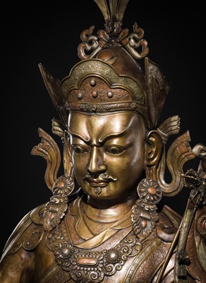 Lot 96 - A HIGHLY IMPORTANT AND MONUMENTAL (167 CM) INLAID BRONZE FIGURE OF GURU RINPOCHE, PADMASAMBHAVA, BHUTAN, 19TH OR VERY EARLY 20TH CENTURY