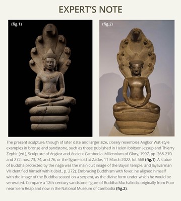 Lot 40 - A MONUMENTAL (215 CM HIGH) AND IMPORTANT WOOD SCULPTURE OF BUDDHA MUCHALINDA, POST-ANGKORIAN PERIOD