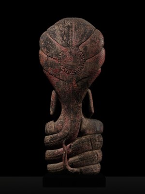 Lot 40 - A MONUMENTAL (215 CM HIGH) AND IMPORTANT WOOD SCULPTURE OF BUDDHA MUCHALINDA, POST-ANGKORIAN PERIOD