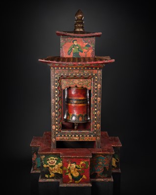 Lot 37 - A RARE AND LARGE POLYCHROME WOOD PRAYER WHEEL, 18TH CENTURY