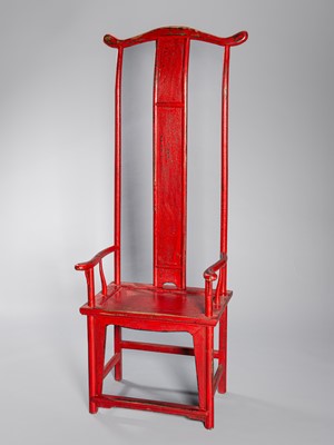 Lot 845 - A TALL RED LACQUERED MING-STYLE YOKEBACK ARMCHAIR, REPUBLIC PERIOD (1912-1949)