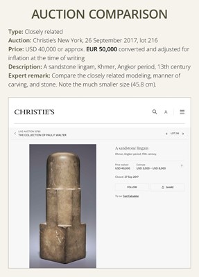 Lot 5 - A MONUMENTAL (93 CM HIGH) POLISHED SANDSTONE LINGAM, ANGKOR PERIOD, 10TH-13TH CENTURY