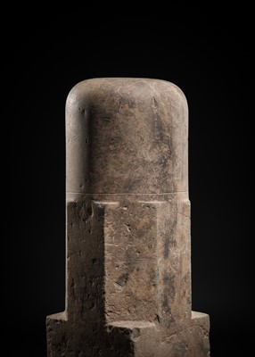 Lot 5 - A MONUMENTAL (93 CM HIGH) POLISHED SANDSTONE LINGAM, ANGKOR PERIOD, 10TH-13TH CENTURY