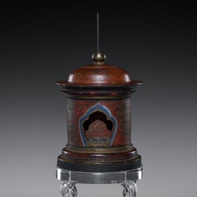 Lot 181 - A LACQUERED WOOD TABLE PRAYER WHEEL, 19TH CENTURY