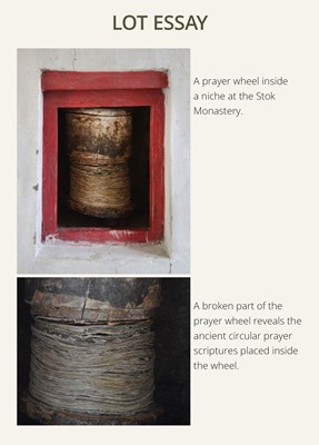 Lot 185 - THE SCRIPTURE CONTENTS OF A LARGE PRAYER WHEEL, TIBET, 19 CENTURY