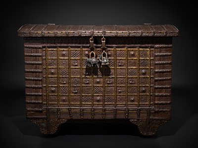 Lot 106 - A LARGE BRONZE AND IRON MOUNTED HARDWOOD DOWRY CHEST, PATARA, 19TH CENTURY