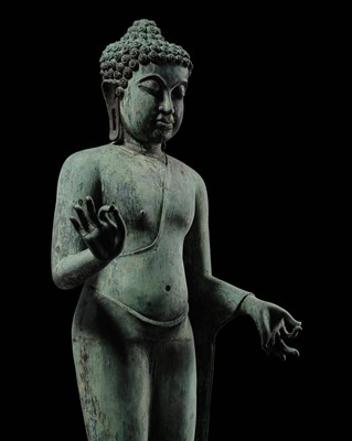 Lot 39 - A COLOSSAL (3.5 METERS HIGH) BRONZE STATUE OF BUDDHA, MON DVARAVATI STYLE, 19TH TO FIRST HALF OF THE 20TH CENTURY OR EARLIER