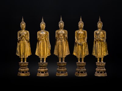 Lot 28 - A RARE GROUP OF FIVE LARGE (156 CM HIGH) GILT-LACQUERED FIGURES OF BUDDHAS, LATE AYUTTHAYA TO EARLY RATTANAKOSIN PERIOD
