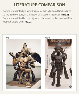 Lot 71 - A FINE AND VERY LARGE (113 CM HIGH) SILVER AND COPPER-INLAID BRONZE FIGURE OF GARUDA, SOUTH INDIA, 17TH-18TH CENTURY