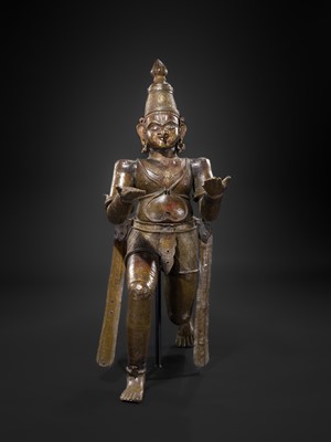 Lot 71 - A FINE AND VERY LARGE (113 CM HIGH) SILVER AND COPPER-INLAID BRONZE FIGURE OF GARUDA, SOUTH INDIA, 17TH-18TH CENTURY