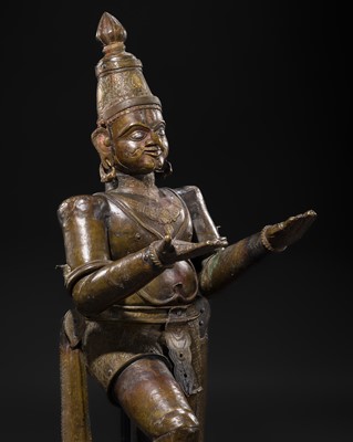 Lot 71 - A FINE AND VERY LARGE (113 CM HIGH) SILVER AND COPPER-INLAID BRONZE FIGURE OF GARUDA, SOUTH INDIA, 17TH-18TH CENTURY