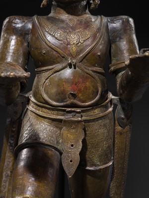 Lot 71 - A FINE AND VERY LARGE (113 CM HIGH) SILVER AND COPPER-INLAID BRONZE FIGURE OF GARUDA, SOUTH INDIA, 17TH-18TH CENTURY