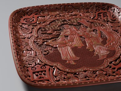 Lot 85 - A SUPERB CINNABAR AND OCHRE LACQUER TRAY DEPICTING FOREIGN TRIBUTE BEARERS, MING DYNASTY