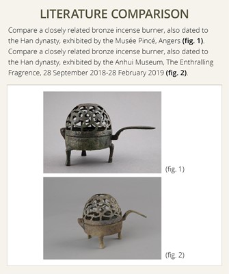 A SMALL BRONZE TRIPOD LAMP WITH A HINGED RETICULATED COVER, HAN DYNASTY