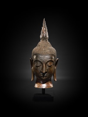 Lot 37 - A MONUMENTAL (106 CM HIGH) BRONZE HEAD OF BUDDHA, AYUTTHAYA STYLE