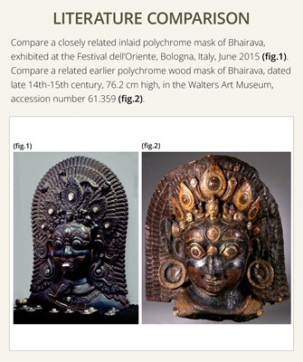 Lot 31 - A LARGE GEMSTONE-INLAID GILT AND POLYCHROME WOOD MASK OF BHAIRAVA, NEPAL, 19TH CENTURY OR EARLIER