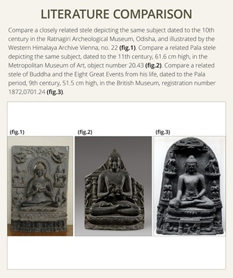 Lot 68 - A RARE AND IMPORTANT BLACK STONE STELE OF BUDDHA PREACHING THE FIRST SERMON AT SARNATH, PROBABLY RATNAGIRI, 9TH-12TH CENTURY