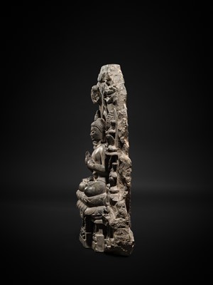 Lot 68 - A RARE AND IMPORTANT BLACK STONE STELE OF BUDDHA PREACHING THE FIRST SERMON AT SARNATH, PROBABLY RATNAGIRI, 9TH-12TH CENTURY