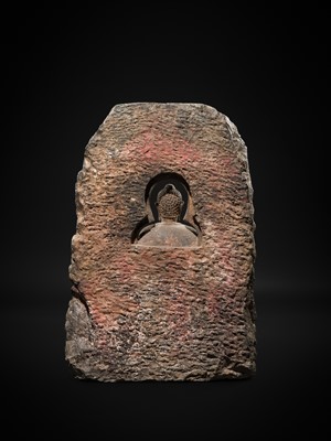 Lot 68 - A RARE AND IMPORTANT BLACK STONE STELE OF BUDDHA PREACHING THE FIRST SERMON AT SARNATH, PROBABLY RATNAGIRI, 9TH-12TH CENTURY