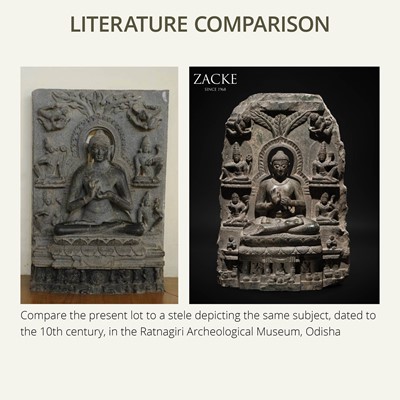 Lot 68 - A RARE AND IMPORTANT BLACK STONE STELE OF BUDDHA PREACHING THE FIRST SERMON AT SARNATH, PROBABLY RATNAGIRI, 9TH-12TH CENTURY