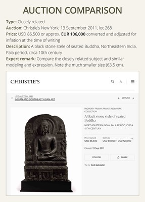 Lot 68 - A RARE AND IMPORTANT BLACK STONE STELE OF BUDDHA PREACHING THE FIRST SERMON AT SARNATH, PROBABLY RATNAGIRI, 9TH-12TH CENTURY