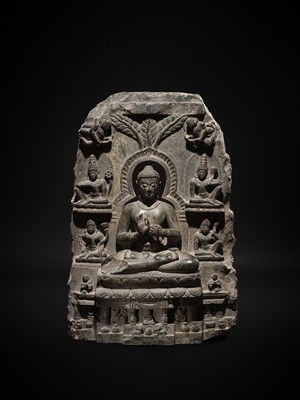 Lot 68 - A RARE AND IMPORTANT BLACK STONE STELE OF BUDDHA PREACHING THE FIRST SERMON AT SARNATH, PROBABLY RATNAGIRI, 9TH-12TH CENTURY