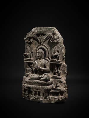 Lot 68 - A RARE AND IMPORTANT BLACK STONE STELE OF BUDDHA PREACHING THE FIRST SERMON AT SARNATH, PROBABLY RATNAGIRI, 9TH-12TH CENTURY