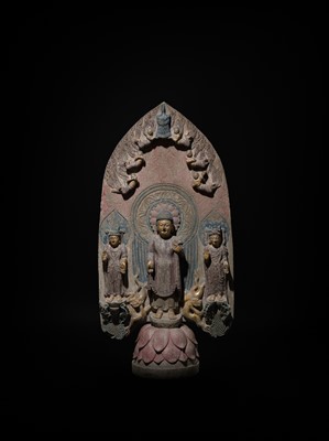 Lot 128 - A LARGE AND MASSIVE GILT AND POLYCHROME LIMESTONE STELE OF BUDDHA SHAKYAMUNI AND PRABHUTARATNA, EASTERN WEI PERIOD