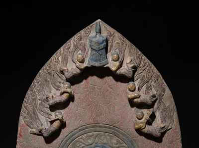 Lot 128 - A LARGE AND MASSIVE GILT AND POLYCHROME LIMESTONE STELE OF BUDDHA SHAKYAMUNI AND PRABHUTARATNA, EASTERN WEI PERIOD