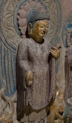 Lot 128 - A LARGE AND MASSIVE GILT AND POLYCHROME LIMESTONE STELE OF BUDDHA SHAKYAMUNI AND PRABHUTARATNA, EASTERN WEI PERIOD
