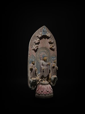 Lot 128 - A LARGE AND MASSIVE GILT AND POLYCHROME LIMESTONE STELE OF BUDDHA SHAKYAMUNI AND PRABHUTARATNA, EASTERN WEI PERIOD