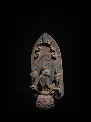 Lot 128 - A LARGE AND MASSIVE GILT AND POLYCHROME LIMESTONE STELE OF BUDDHA SHAKYAMUNI AND PRABHUTARATNA, EASTERN WEI PERIOD