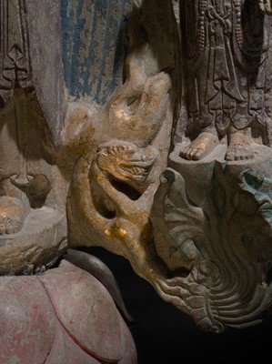 Lot 128 - A LARGE AND MASSIVE GILT AND POLYCHROME LIMESTONE STELE OF BUDDHA SHAKYAMUNI AND PRABHUTARATNA, EASTERN WEI PERIOD