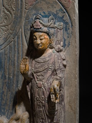 Lot 128 - A LARGE AND MASSIVE GILT AND POLYCHROME LIMESTONE STELE OF BUDDHA SHAKYAMUNI AND PRABHUTARATNA, EASTERN WEI PERIOD