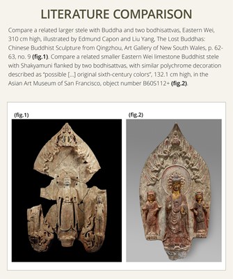 Lot 128 - A LARGE AND MASSIVE GILT AND POLYCHROME LIMESTONE STELE OF BUDDHA SHAKYAMUNI AND PRABHUTARATNA, EASTERN WEI PERIOD